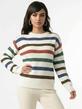 Oversized SO Cream Ribbed Crewneck Sweater with stripes